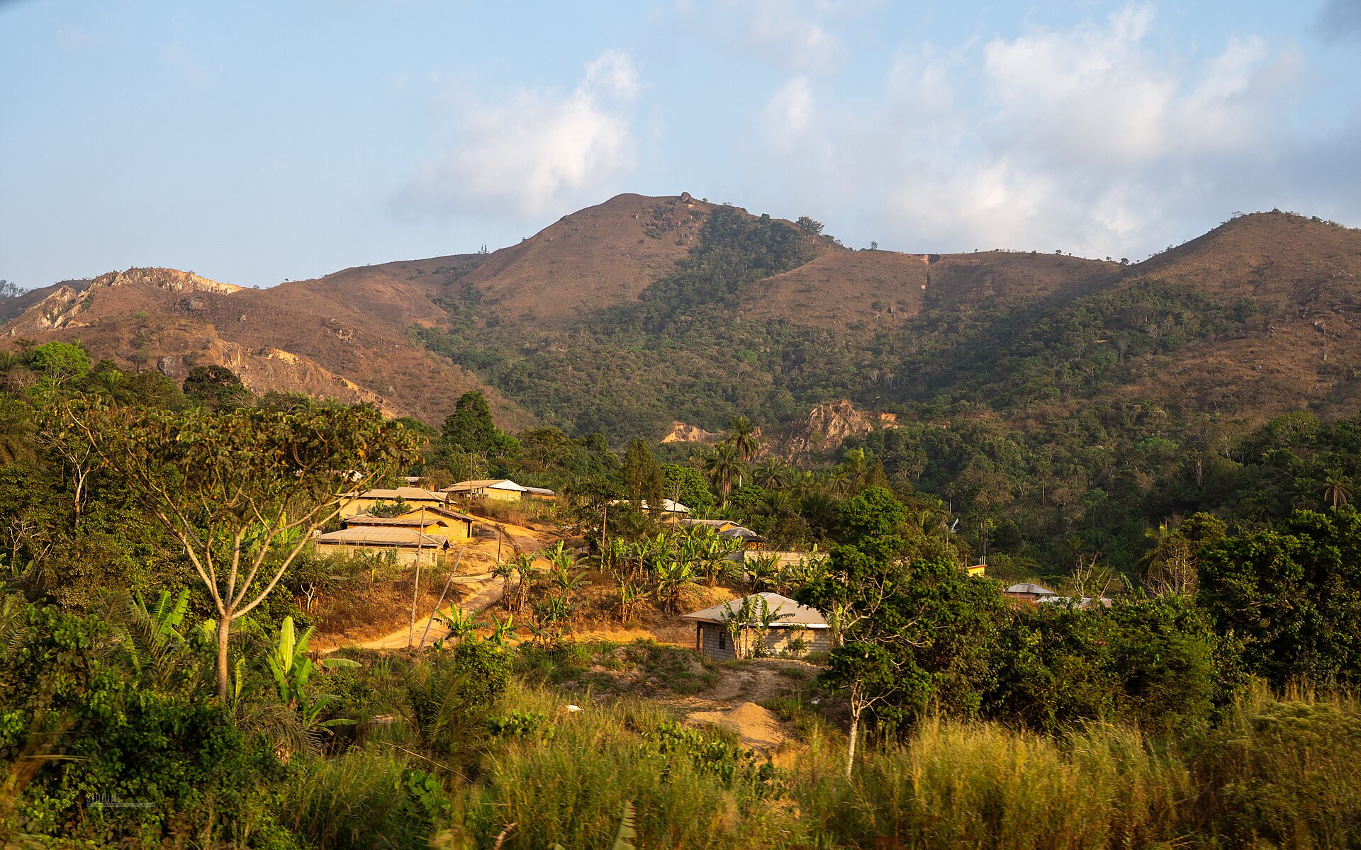 Hillside homesteads in the green highlands at golden hour
